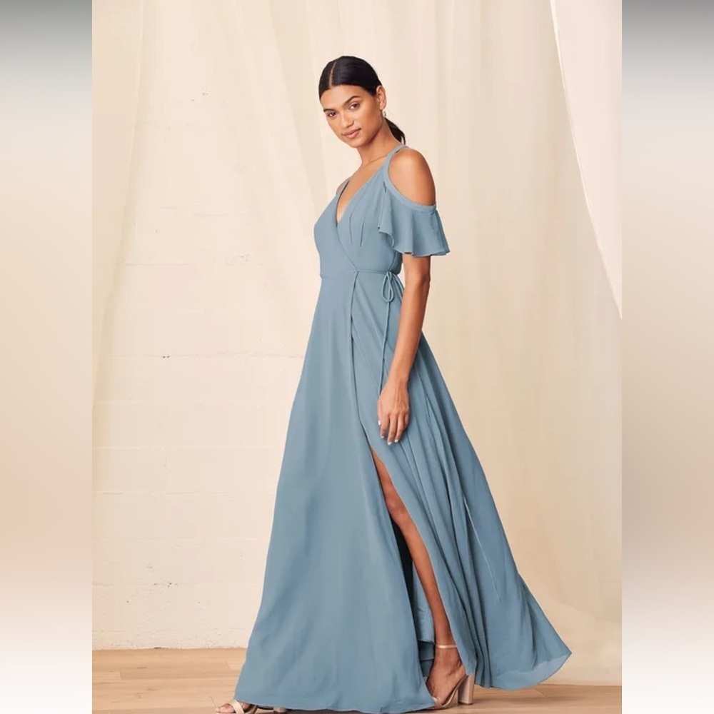 NWT Lulus Easy Listening Slate Blue Cold-Shoulder Wrap Maxi Dress - Picture 4 of 12